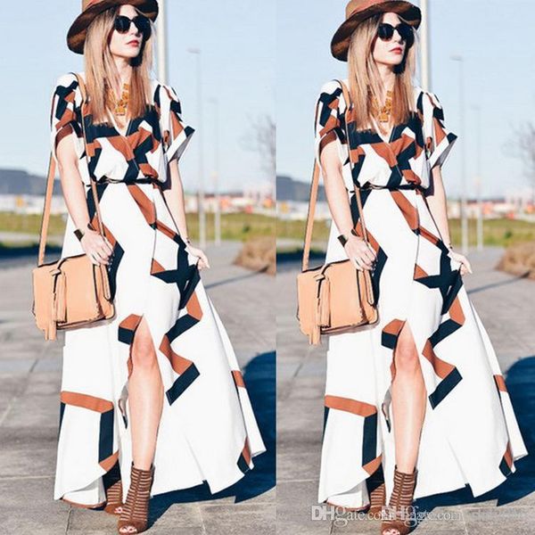 

women dress v-neck summer fashion short sleeve elegant lady digital striped print skirt casual loose waist split long dresses size s-xl, Black;gray