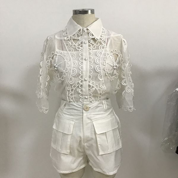 

new stylish 2020 runway suit set women's embroidery hollow out loose blouse shirt shorts set, White