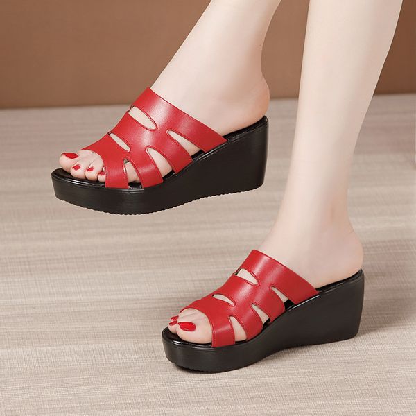

plus size 32-43 platform slippers women shoes summer 2020 high heels wedges slippers ladies slides office beach slipper, Black