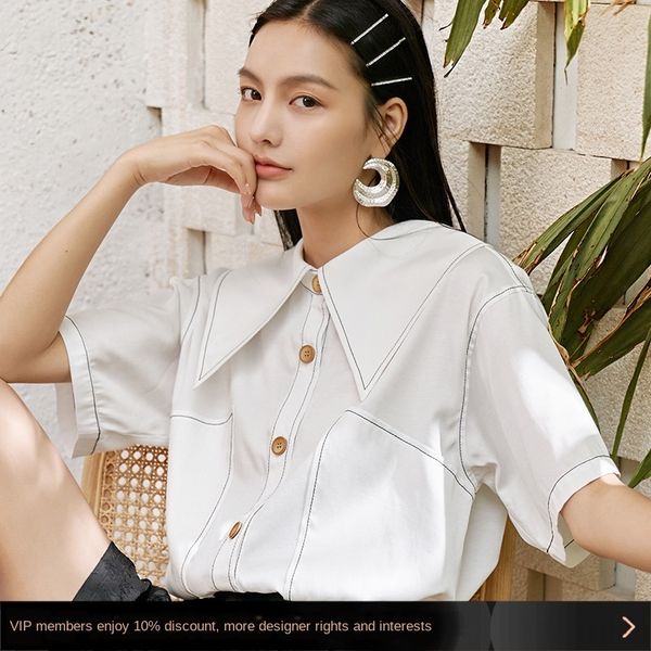 

s9143 summer newstyle single-breasted white shirt open line loose doll collar aging short sleeve white shirt