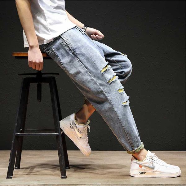 

new spring & summer ankle-length ripped hole jeans men's loose casual designer trousers plus size harem pants male denim jeans, Blue