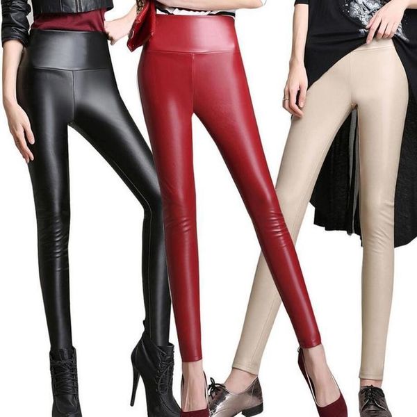 

2020 autumn winter women legging skinny pu leather pencil leggings slim faux leather pants female fashion thick fleece ankle length, Black