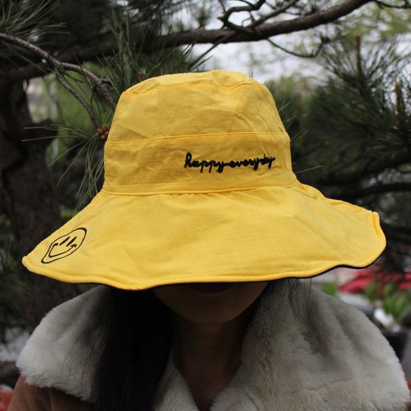 

smiling face woolen fisherman female sun simple casual edging basin foldable washed cloth bucket bucket hat wool fisherman hat hat, Blue;gray