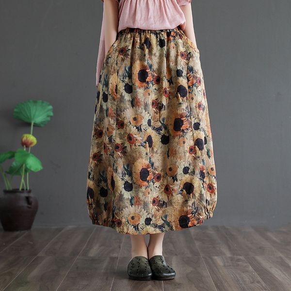 

fairy natural women summer autumn vintage loose elastic waist skirts chinese style ladiesprint spliced pocket casual skirt 2020, Black