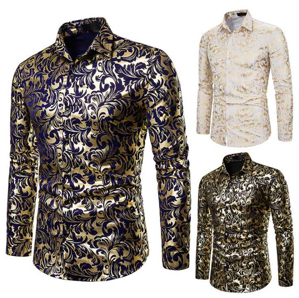 

men's dress shirts henry collar long sleeve tuxedo bronzing printing shirt stand size s-2xl, White;black