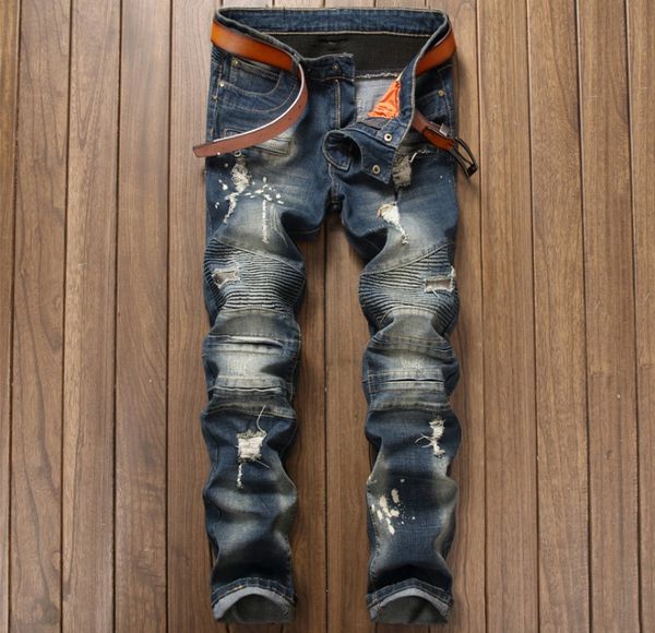 

european american style fashion men denim trousers zipper slim jeans straight mens patchwork hole blue jeans pants