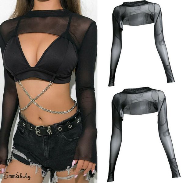 

женщины hip супер короткие кружева прозрачная сетка sheer backless футболка с длинным рукавом sexy crop tops bodycon клубная одежда, White