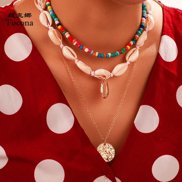 

bohemian colorful bead pendant necklace for women summer natural shell stone geometric beach jewelry wholesale 8181, Silver