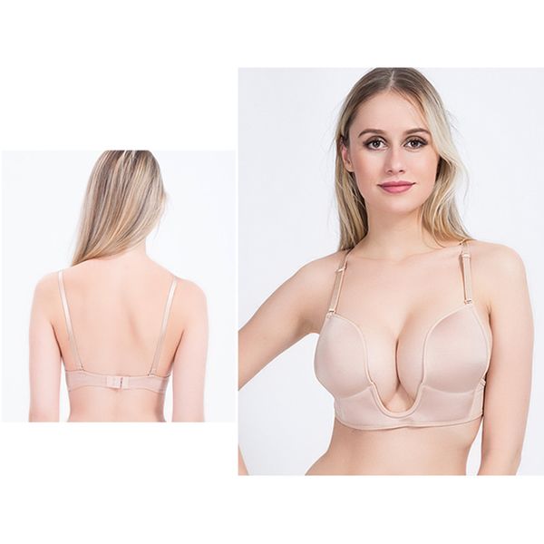 

deep u-shaped plunge bra lift up low back wirebra women underwear h7jp, White;black