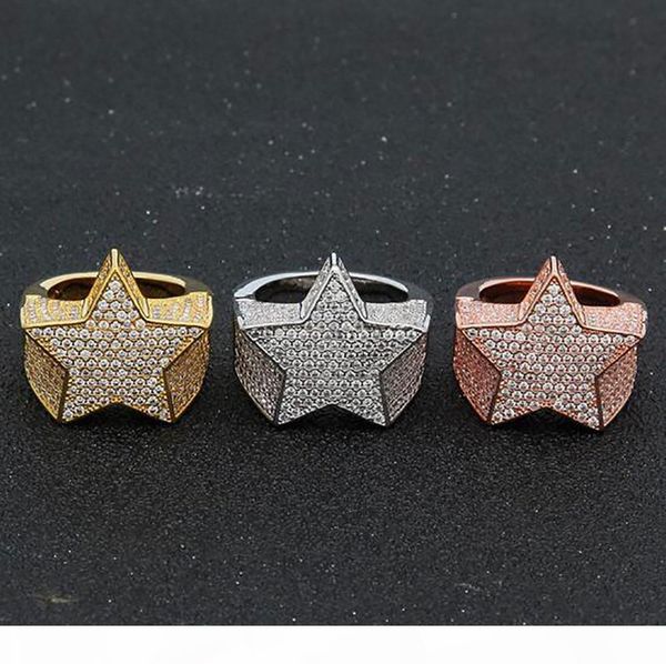 

a mens hip hop copper gold plating rings punk grade iced out cz stone star shape ring gold silver rose gold jewelry, Golden;silver