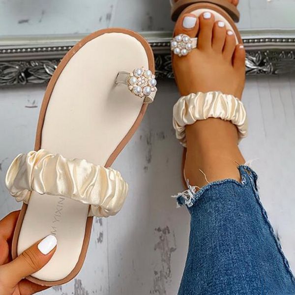 

new women sandals flat toe flower pearl summer bohemian female casual shoes flat beach casual ladies plus size flip flops slides, Black