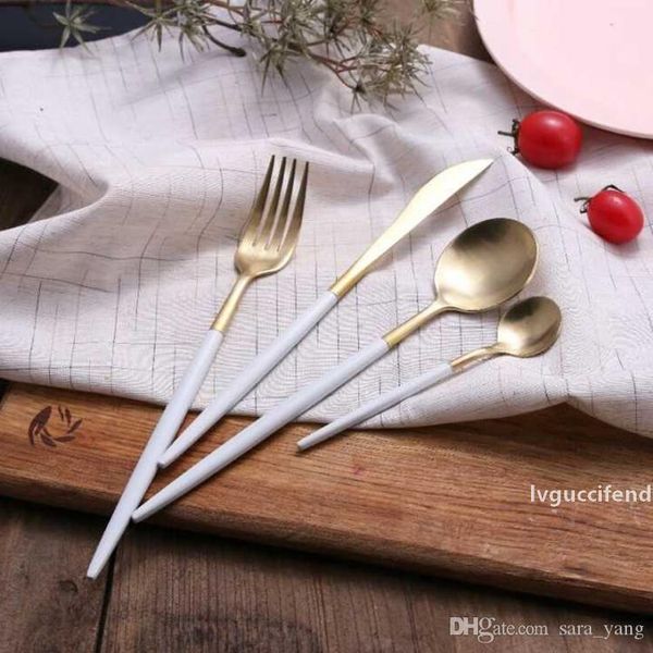 

fast shipping portugal pointed tail cutlery knife and fork spoon l 304 stainless steel western tableware the white handle golden flatwar