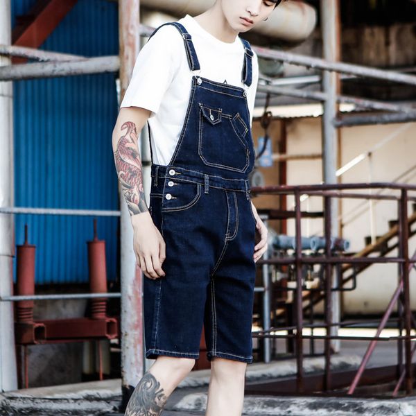 

denim shorts men 2020 new japanese denim overalls shorts male summer hole bib korean suspenders men's jumpsuit, Blue
