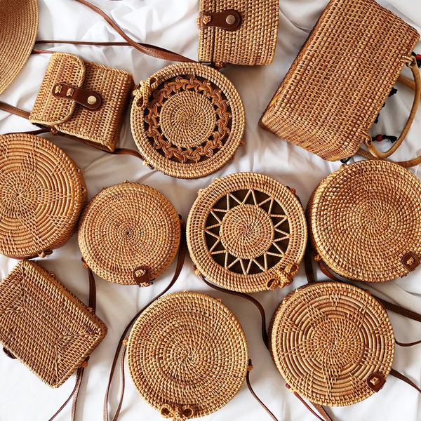 

straw beach bag handmade woven straw round rattan bag with braid pattern women summer bali bohemia shoulder bag handbags