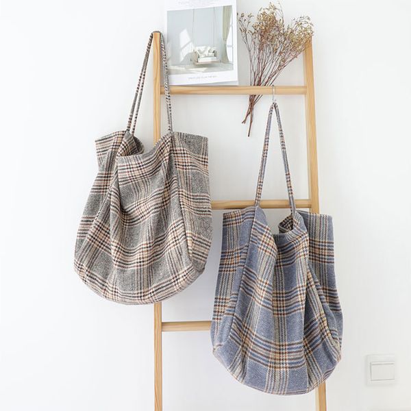 

plaid grid houndstooth woolen fashion casual women handbag shopping tote bag