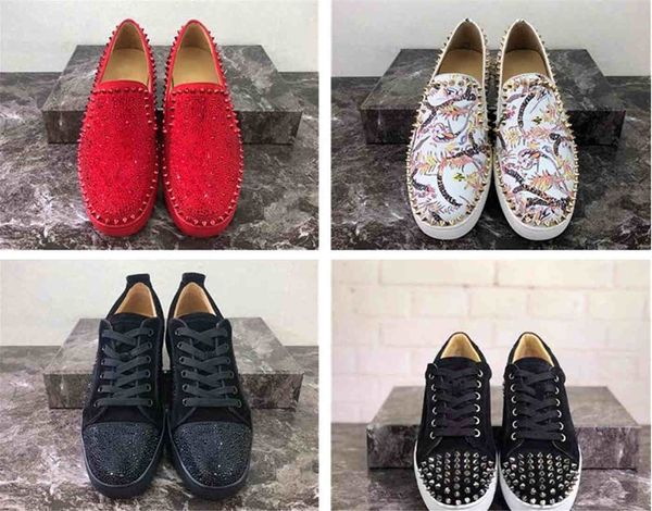 

2019 fashion red bottoms shoes studded spikes flat sneakers for men women glitter party lovers genuine leather casual rivet, Black