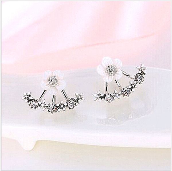 

anti allergic pure silver jewelry s 925 sterling silver daisy flower front and back two sided stud earrings ear nail korean designer earring, Golden;silver