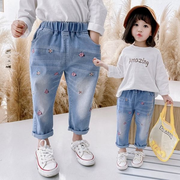 

children's wear girls' pants 2020 korean style girls' cute floral embroidery stretch and jeans embroidered jeans daddy pants, Blue