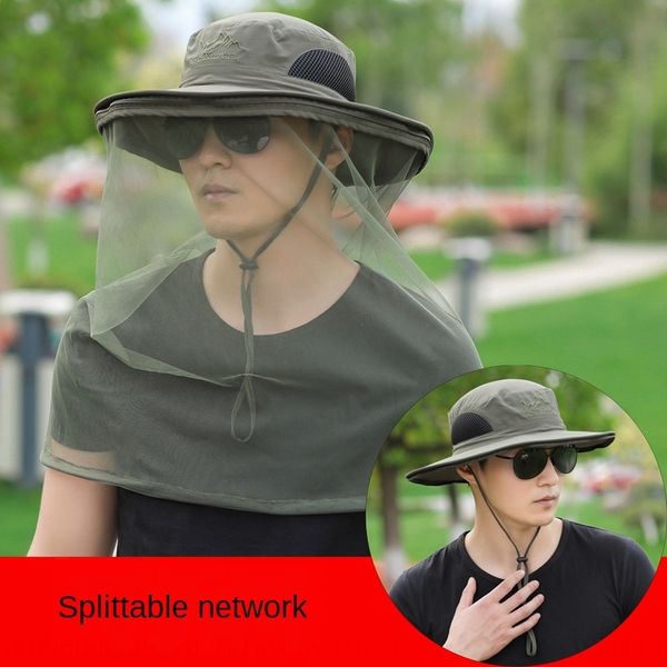 

outdoor men's summer sun detachable mesh big edge fisherman fishing cap women's bucket bucket hat fisherman hat anti-mosquito cap, Blue;gray