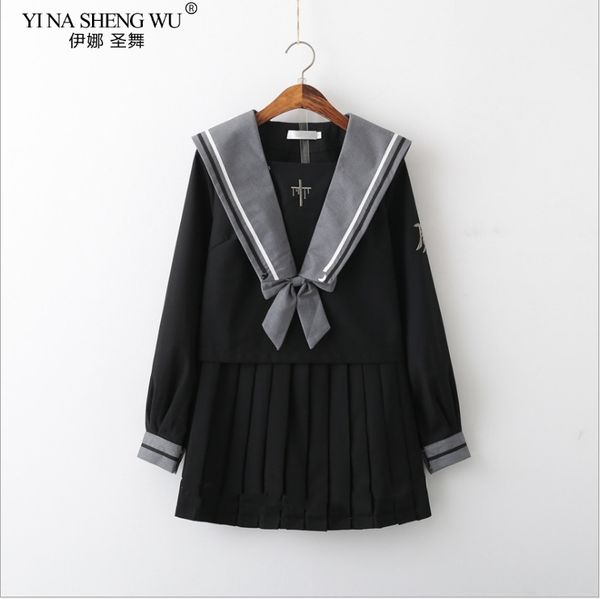 

black long sleeve pleated skirt japanese school uniform for girl high school jk uniform women korean student sailor costumes, White