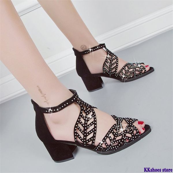 

women summer hollow out faux leather rhinestones peep toe summer shoes women thick heel fashion zipper sandals shoes, Black