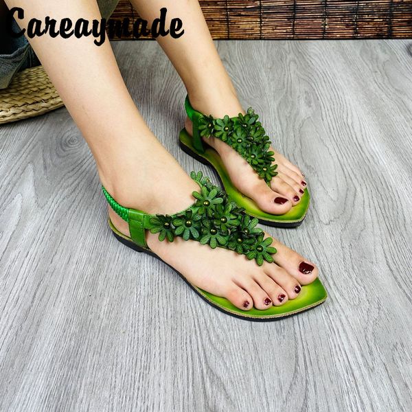 

careaymade-herringbone flip-flop sandals women's creative personalized flower flat sandals casual all-match genuine leather shoe, Black
