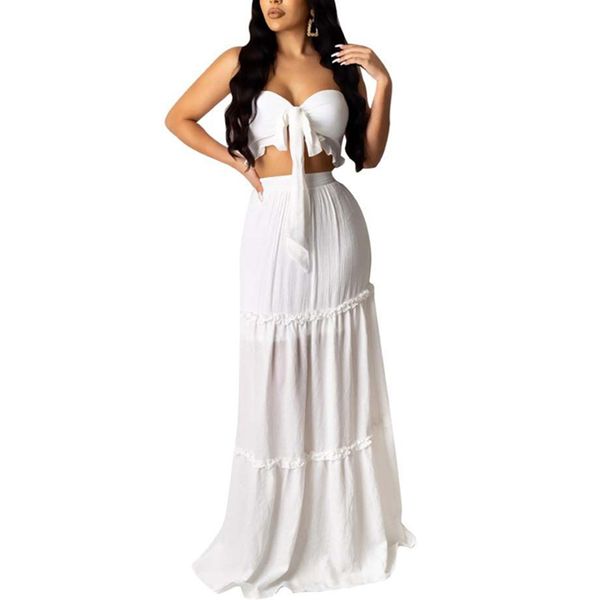 

women's swimwear women solid beach bohemian maxi dress bow strapless crop cascanding ruffles long skirt suit two piece set tracksuit, White;black