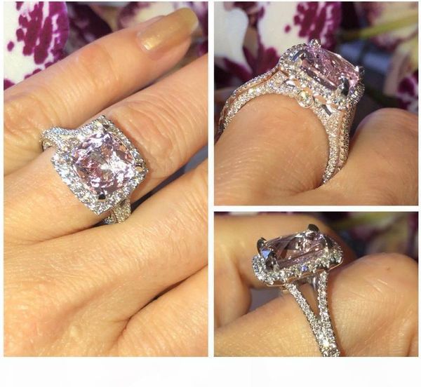 

s choucong new arrival luxury jewelry 925 sterling silver cushion shape pink sapphire cz diamond wedding band ring for women g, Slivery;golden