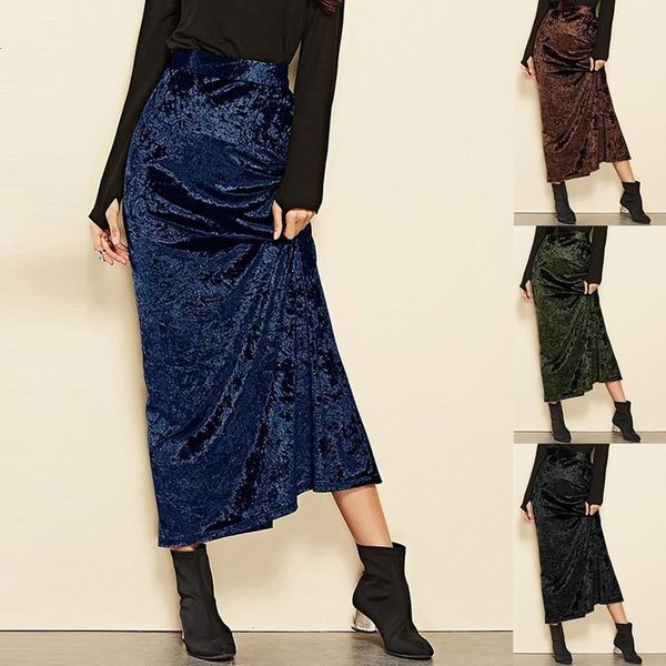 

skirts womens fashion high waist velvet skirt solid elegant gold velvet skirt split long skirt faldas mujer moda 2020 a30, Black