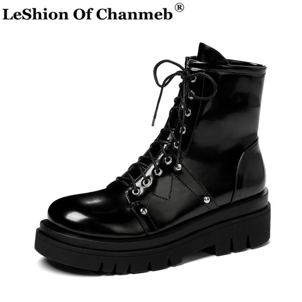 

punk rivet patent pu leather flat platform ankle boots women shoes round toe zipper cross tied boots female white 34-43, Black