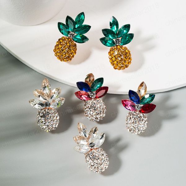 

charm pineapple colorful crystal clip earrings for woman temperament multi color rhinestone statement earring girl party brincos, Silver