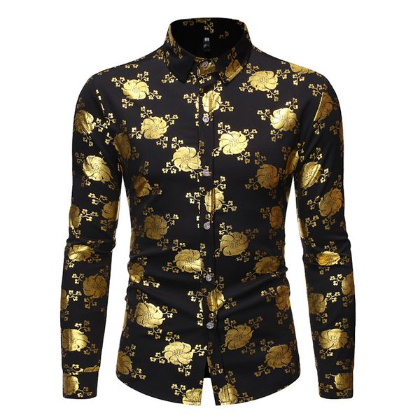 

luxury gold fancy flowered print dress shirt men 2020 autumn new slim fit long sleeve mens tuxedo shirts for club party disco, White;black