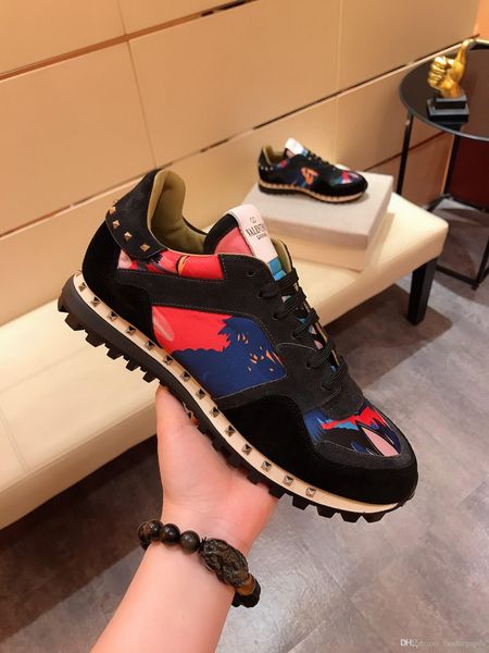 

new fashion rock runner camouflage leather sneakers shoes men,women rock studs outdoor casual camustars trainers sports shoes size hy277, Black;red