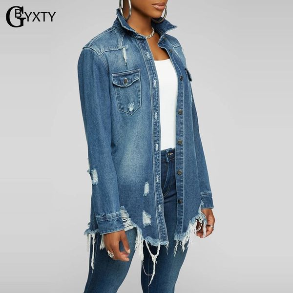 

gbtxty streetwear casual distressed jean jacket 2020 autumn women long sleeve ripped tassel long denim jacket and coat zl880, Black;brown