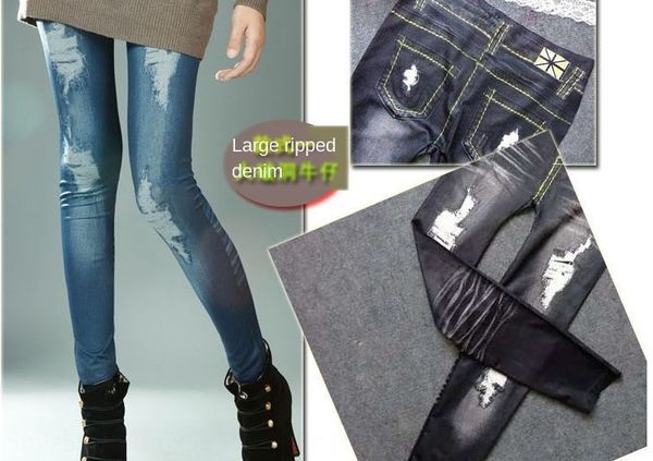 

тонкой бесшовная имитация джинсовых толстой линии отверстий печатных 201 корейской трусы стиль поножей fashion похудения натяжных лосины, Black;white