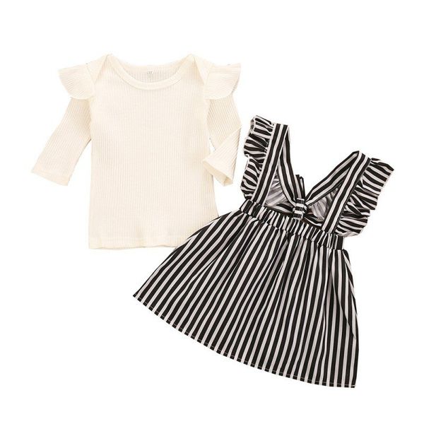 

new arrival girl's clothing newborn clothing baby girl pit strip solid color + striped suspender skirt suit, White