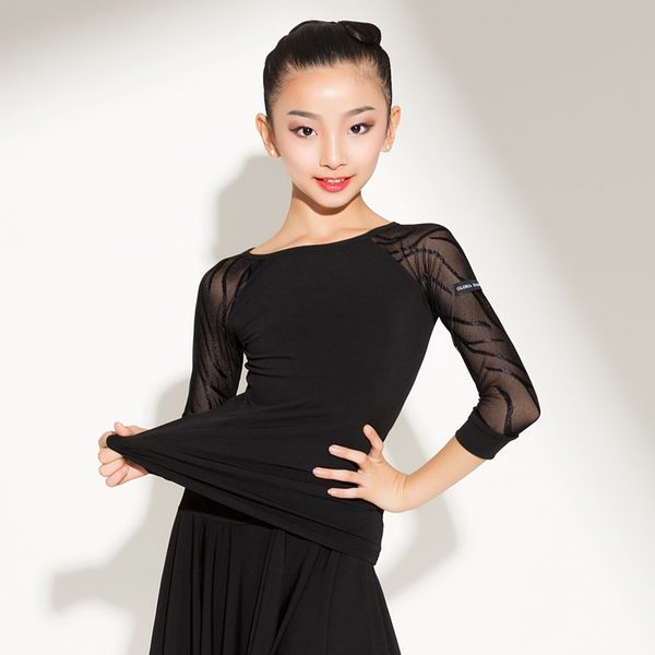 

new latin dance practice clothes female children's mesh long sleeve winter child stage performance training clothing dl6198, Black;red