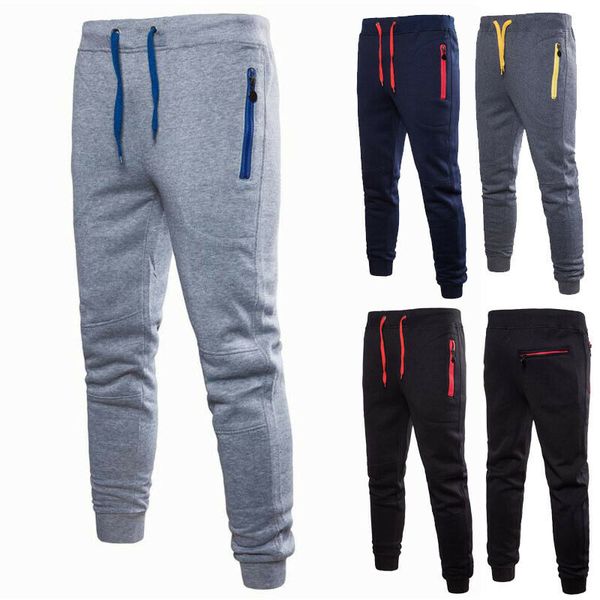 

mens sports long pants slim fit joggers jogging bottom fleece gym winter skinny pants zip pockets running trousers, Black;blue