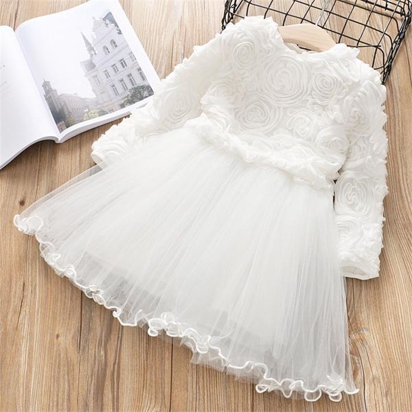 

white flower girls dress 2020 autumn winter holiday children girls clothing long sleeve kids dresses for size 3-8 years, Red;yellow