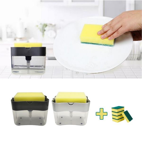 

2xdishwashing soap pump dispenser and sponge holder silver & scrub sponge
