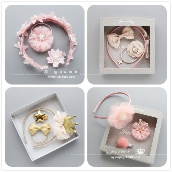 

tz-98 korean style children's jewelry set pearl flower pin accessories gift band jewelry rope box crown hair band hair rope, Slivery;white