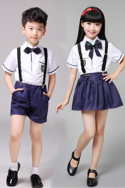 

children's clothing to performance of primary and middle school students read school uniform overalls chorus with short sleeves, White