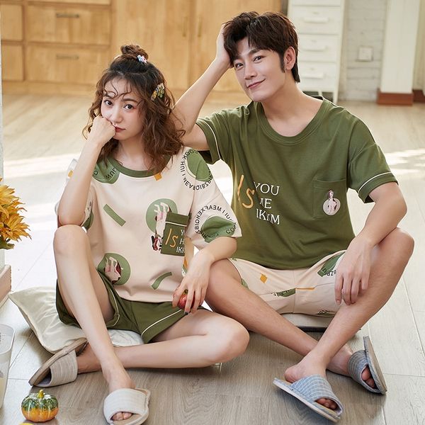

meishufen couple pajamas cotton short-sleeved men's and women's thin korean cartoon cute home suit and shorts pajamas shorts, Black;brown