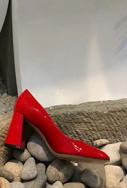 

2020031803y 34/40/41 pink white black red genuine leather calf skin patent chunky heels shoes 8.5cm height