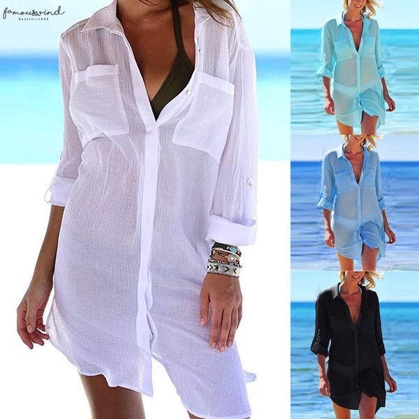 

2020 women beach cover up button down pocket shirts sunscreen bikini swimsuit blouse women haut femme 4, White