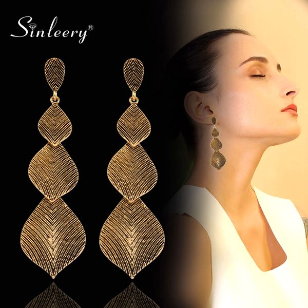 

sinleery vintage long leaf drop earrings hanging antique gold silver color stripe statement earrings for women jewelry es192 ssh