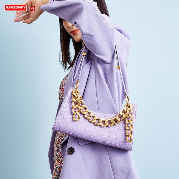 

genuine leather cowhide women handbags underarm bag new female thick chain shoulder evening bags crocodile pattern portable bags