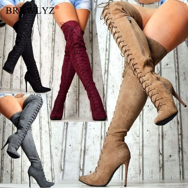 

new women's autumn and winter high heel long boots solid color suede bandage pointed high ladies boots knee women, Black