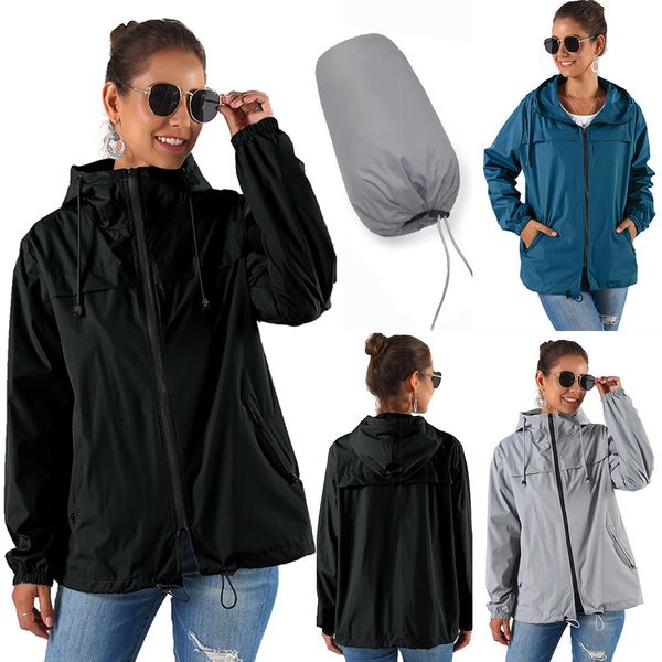 

women's waterproof raincoat windbreaker jacket outdoor hooded rain jacket ladies zipper hoodie lightweight hiking raincoat jackets, Black