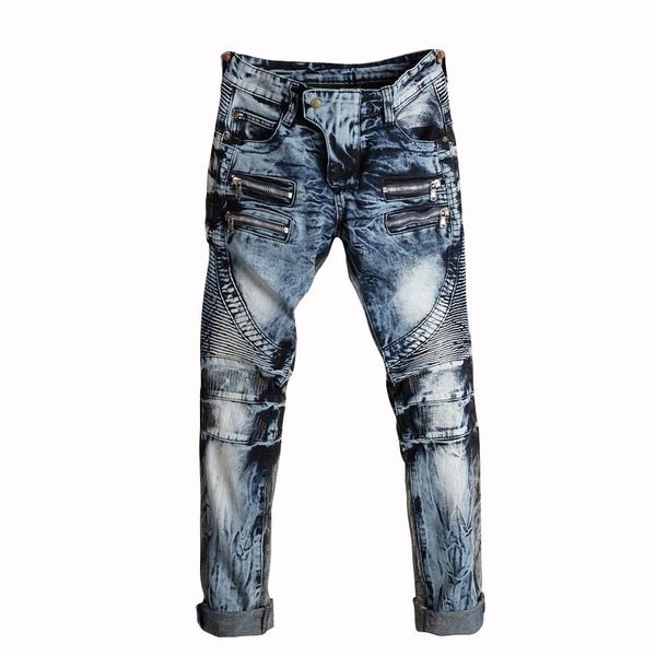 

streetwear hip hop motorcycle denim pants new men vintage slim fit straight biker jeans multiple zipper pleated stitching male, Blue